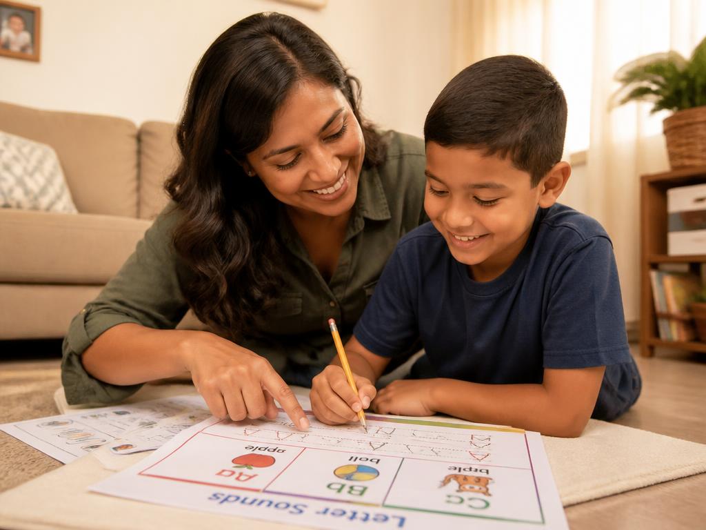 Madre ayudando a su hijo con las actividades de grafismo fonético