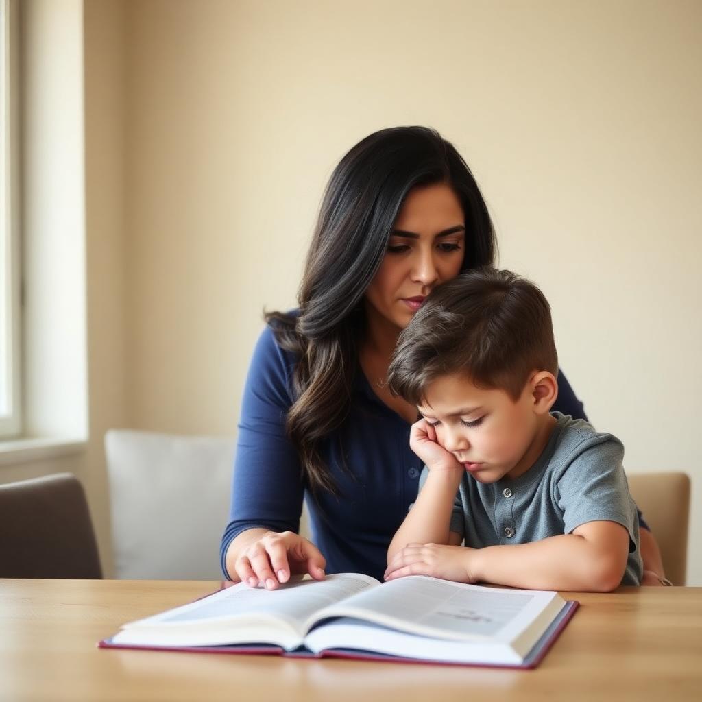 Madre preocupada acompañando a su hijo con la tarea de lectura
