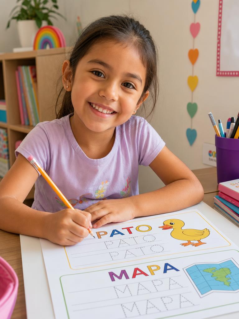 Niña realizando las actividades de grafismo fonético