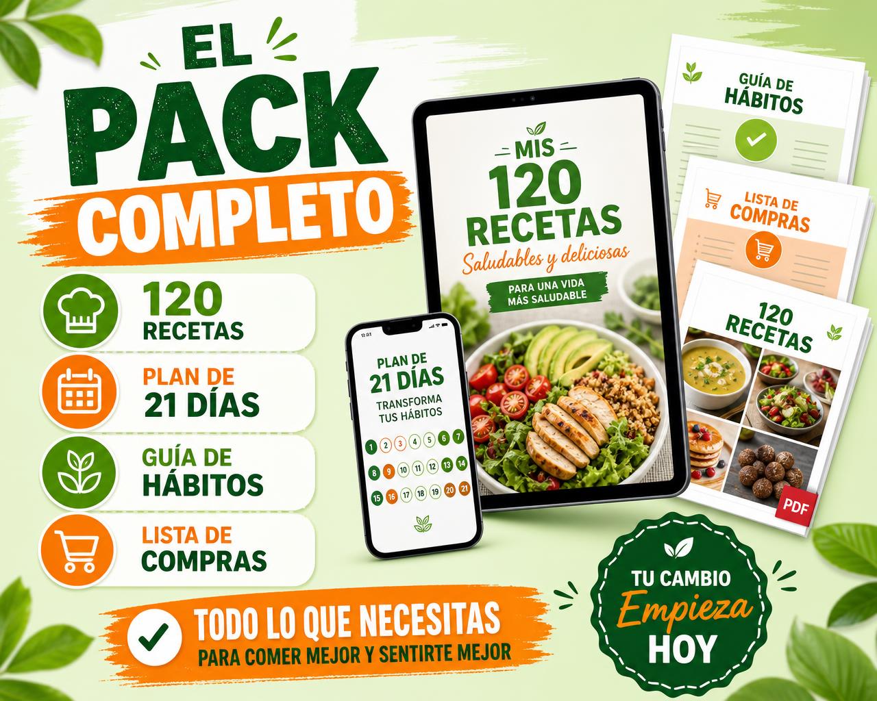 El pack completo: 120 recetas, plan de 21 días, guía de hábitos y lista de compras