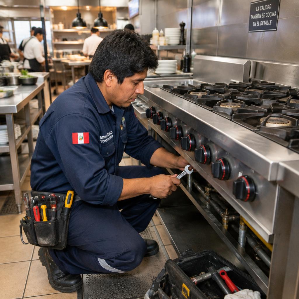 Técnico de ServiCocinas dando mantenimiento a una cocina comercial a gas en un restaurante de Chachapoyas